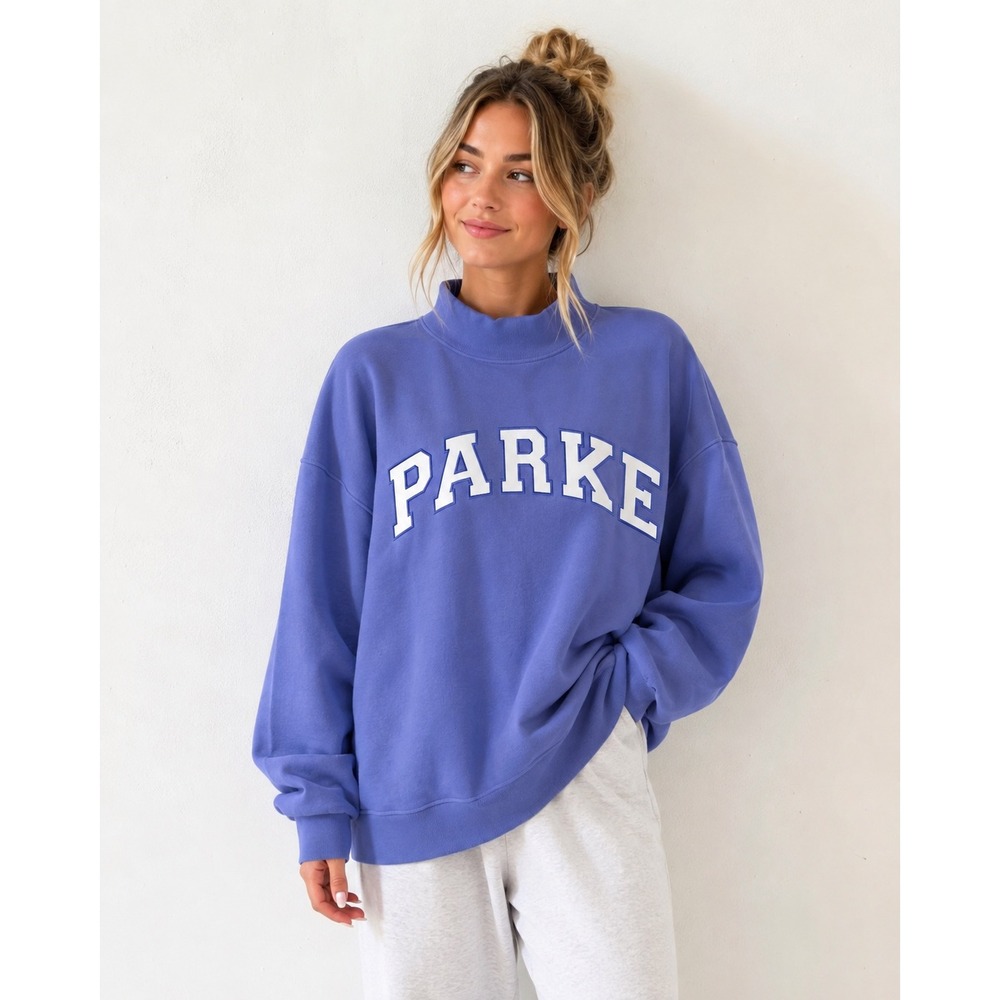 NEW Parke Something Blue Varsity Mockneck Sweatshirt Oversized L/XL